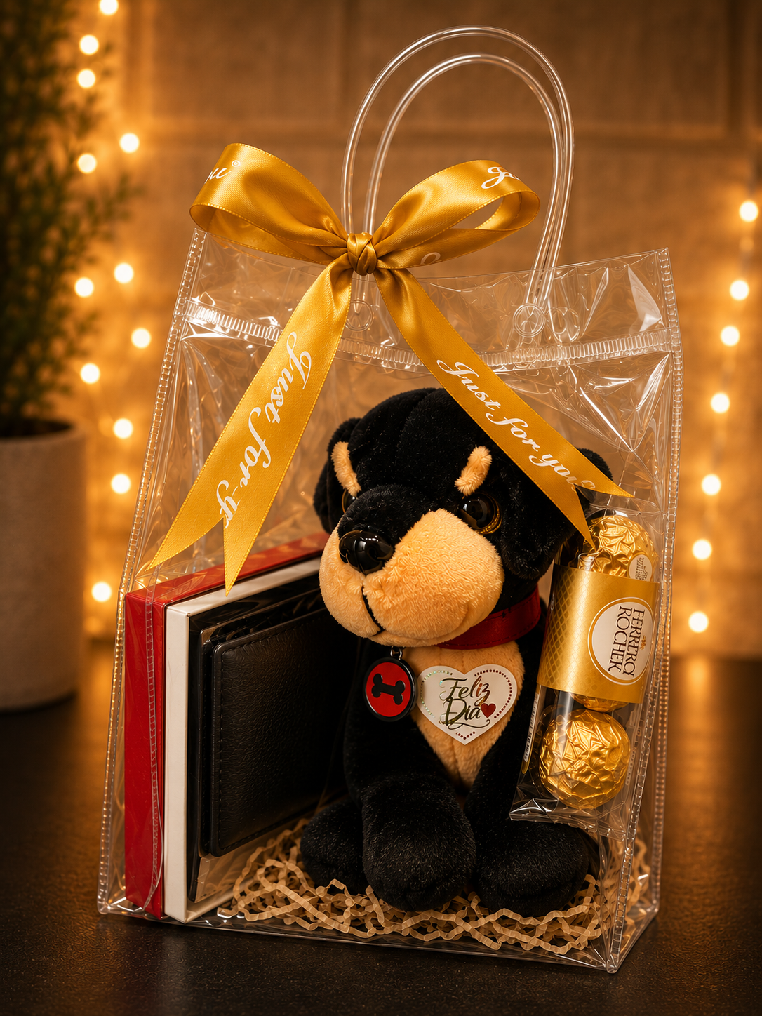 Regalo para hombre con billetera para hombre, peluche y chocolates Ferrero Rocher en presentación premium.