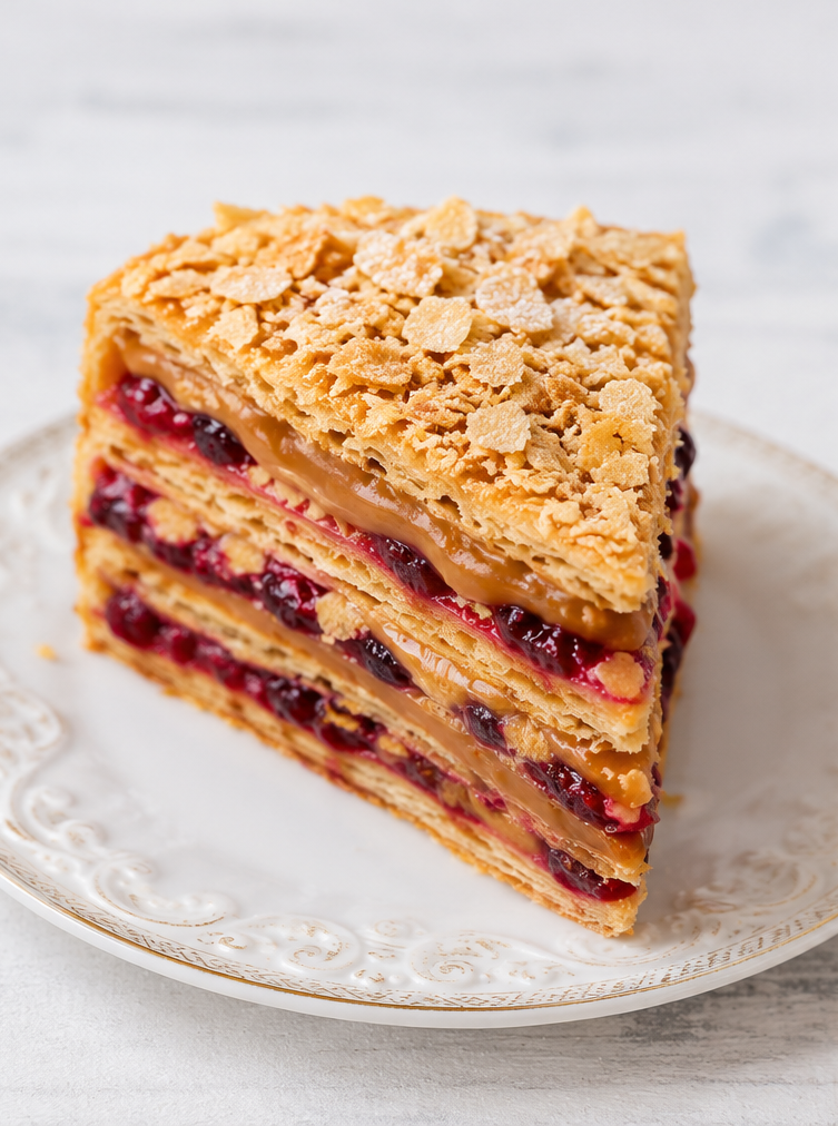 Torta hojarasca vegana de manjar y frutos rojos completa con capas visibles y cobertura crocante.