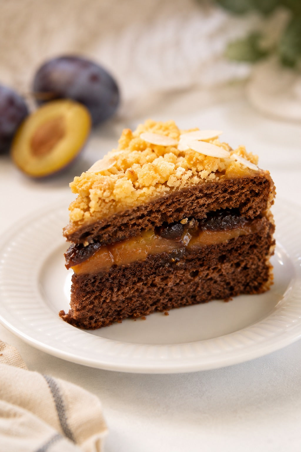Torta vegana de ciruela sin azúcar con crumble de nuez, postre saludable artesanal elaborado en Antofagasta.