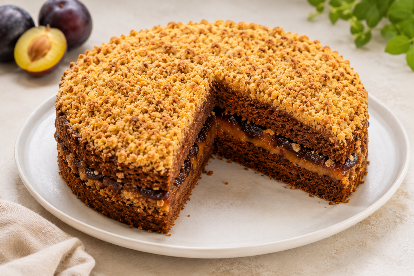 Torta vegana de ciruela sin azúcar con crumble de nuez, postre saludable artesanal elaborado en Antofagasta