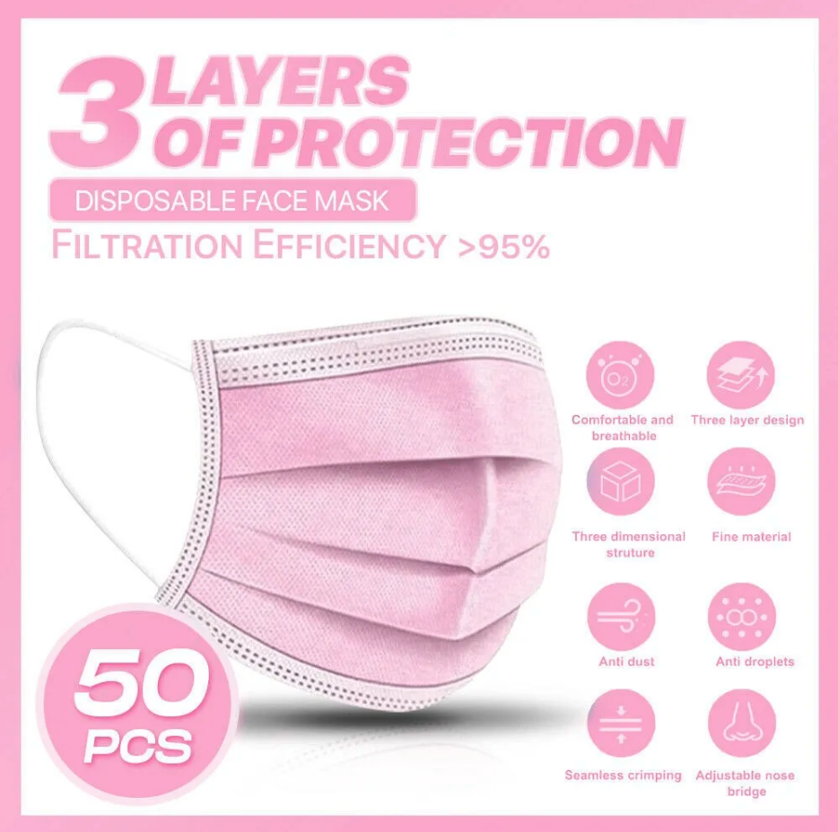 Mascarillas desechables rosadas certificadas 3 capas